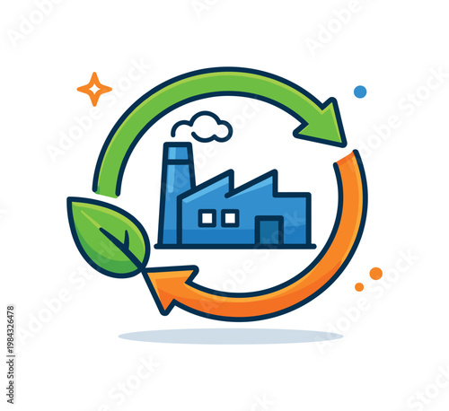 Sustainable recycling process highlighting circular economy and reduction of waste impact, a simple factory icon connected with circular arrows and a leaf symbol