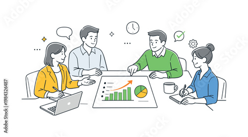 Professionals gathering in a formal setting to discuss strategies, share updates, and make decisions within a corporate environment, illustrated through a clear metaphor