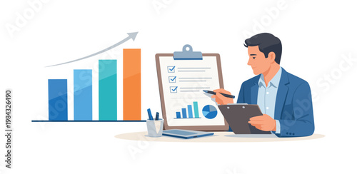 Performance tracking scene where a manager monitors progress and evaluates outcomes using structured data visualization tools, emphasizing clarity, measurement, and