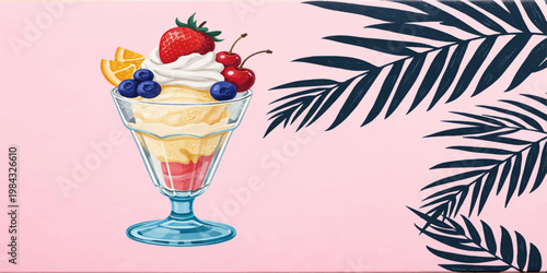 A delicious strawberry ice cream dessert served cold in a glass cup with fresh berries and creamy sweet layers perfect for a refreshing treat