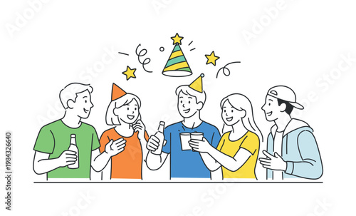 Fun and social interaction in a casual gathering where individuals express enjoyment and lightheartedness, illustrated by a party hat combined with two or three simple