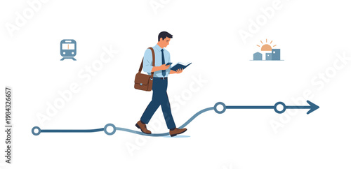 A professional commuting to work during morning hours using public transportation, standing calmly while reviewing daily plans and preparing mentally for the day ahead,