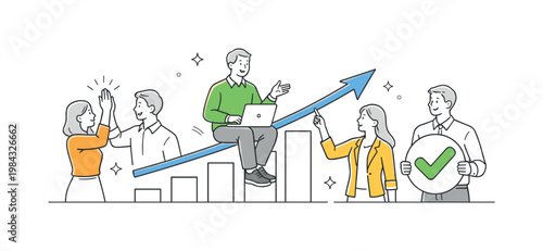 Team performance and goal achievement in a professional setting where individuals collaborate to reach higher results and improve outcomes, illustrated by a group