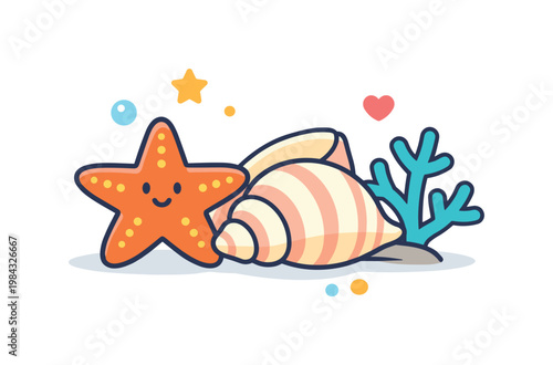 Marine biodiversity awareness and healthy ocean ecosystem education in a clean coastal nature concept, a detailed starfish beside a gentle seashell and a small coral