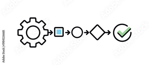 Workflow automation streamlining repetitive business tasks and improving operational efficiency in a digital environment, a gear icon connected to a flow of arrows and a