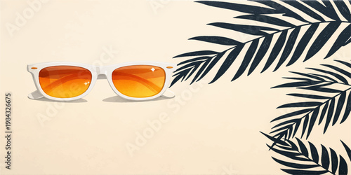 Sunglasses resting on a sunny tropical beach with palm trees, blue ocean waves, and warm summer vibes in a peaceful paradise