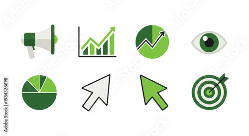 Business growth icons megaphone, chart, pie chart, cursor, eye, target, and analytics
