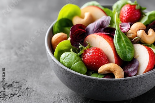 Fresh healthy fruit and nut salad in bowl on grey background