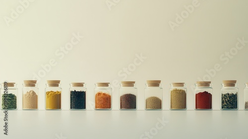 Row of colorful culinary spices in glass jars on neutral background