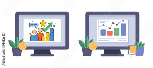 Business analytics and performance reporting computer screen illustration for marketing dashboard design, KPI presentation, and corporate data visualization projects