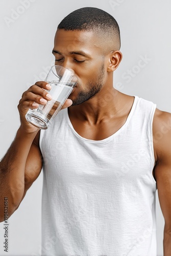 Athletic African American man drinking fresh water on white background