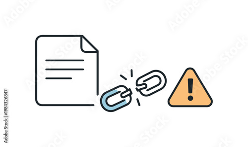 Information accuracy and critical thinking in digital communication environments, a simple document with a warning symbol next to a small broken link icon representing
