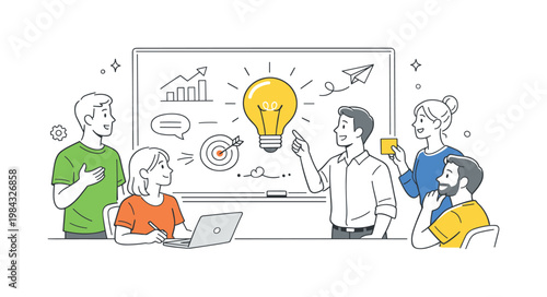 Team brainstorming session in a modern workplace where colleagues collaborate to generate new ideas and solutions, represented by a whiteboard with simple sketches and a