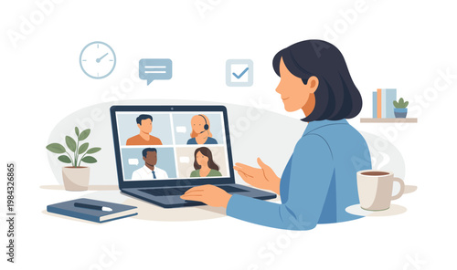 A professional participating in a structured remote meeting from a home workspace, represented by a person sitting with a laptop displaying multiple simple participant