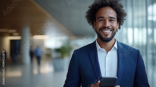 Successful Black businessman holding smartphone in modern office lobby