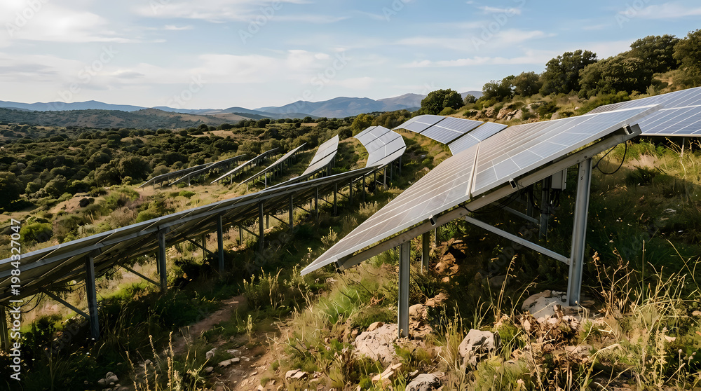 Obraz premium Close-Up Shot Of Modern Solar Panels Reflecting Blue Sky And Clouds In A Rural Field Sustainable Energy Concept