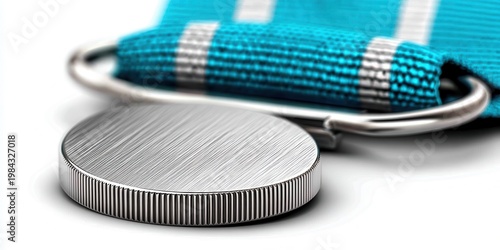Blank Silver Award Medal with Cyan Striped Ribbon on White Background