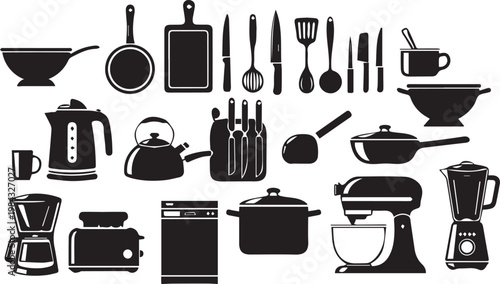 A collection of black silhouette kitchenware including pots pans and appliances on transparent background
