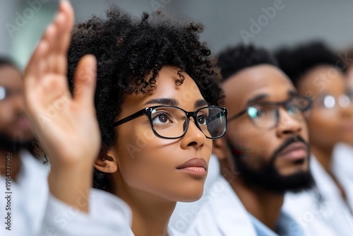 Black female medical student raising hand at professional seminar lecture