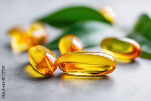 Golden omega 3 supplement capsules on grey surface with green leaves