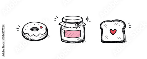 Simple breakfast sweet set theme a horizontal row of 3 related hand-drawn objects on a white background: a small donut with a tiny red dot accent, a simple jam jar with