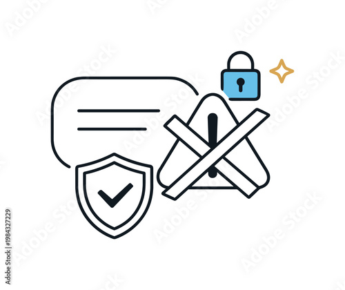 Online safety and trust management in digital platforms, a speech bubble combined with a crossed warning symbol representing misleading messages and the need for careful