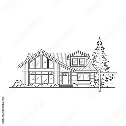 Modern House Architectural Line Drawing Vector

