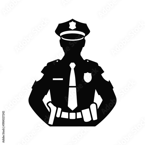 A black silhouette of a police officer in uniform standing confidently