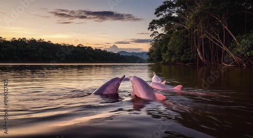 sunset lake with kayaks along forest shore