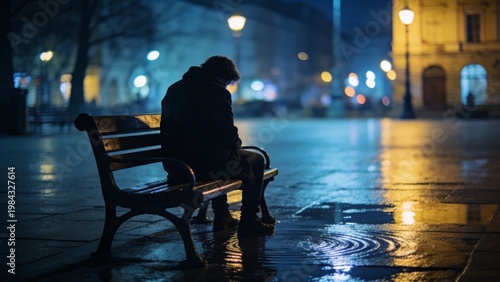 Person Sitting Alone on Bench at Night in City Square Symbolizing Solitude and Reflection