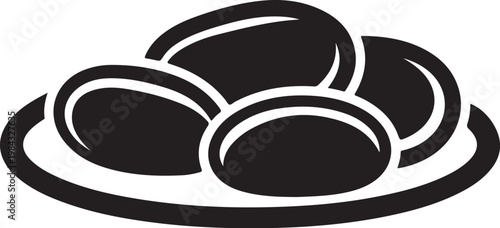 Black olives on plate, vector food icons, flat design, edible illustration