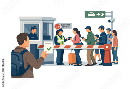 Land border crossing situation where individuals pass through an organized control point monitored by officials, highlighting movement management, safety, and structured