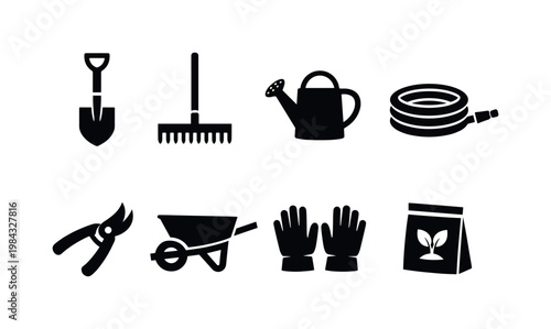 Garden tools and equipment: shovel, rake, watering can, garden hose, pruning shears, wheelbarrow, gloves, seed packet.