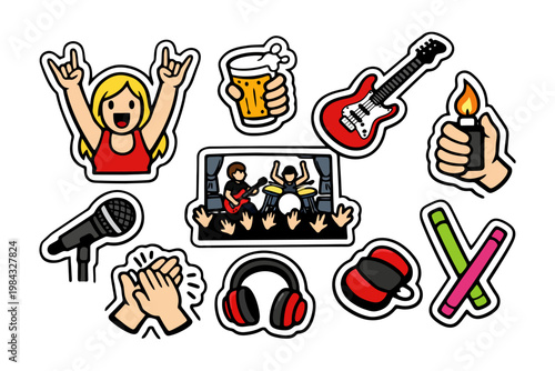 Colorful rock concert icons with instruments and fans celebrating.