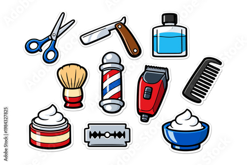 Illustrated barber shop tools including scissors and razor.