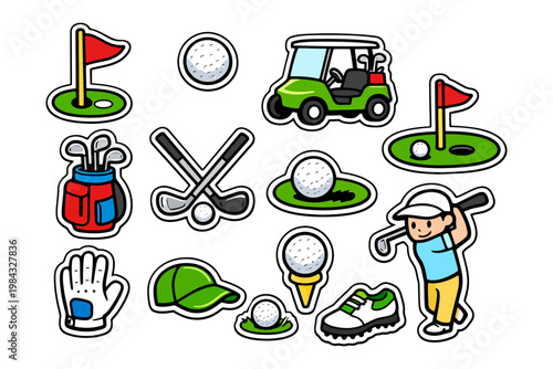 Golf equipment and activities cartoon stickers featuring clubs, balls, and course elements.