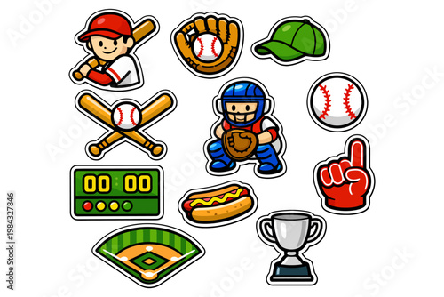 Colorful baseball cartoon icons featuring players equipment and field elements.