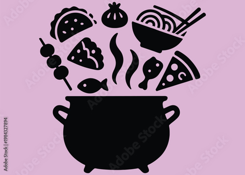 Variety of food icons rising from a pot in a stylized illustration