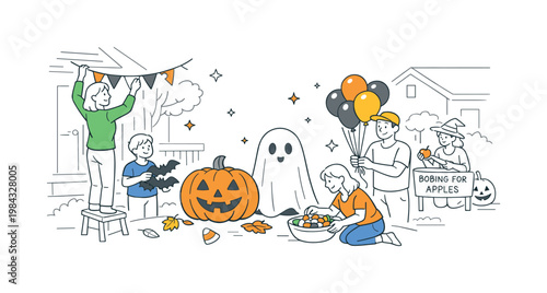 Halloween festive preparation in a neighborhood setting with people decorating and organizing activities together, represented by a carved pumpkin and a simple ghost