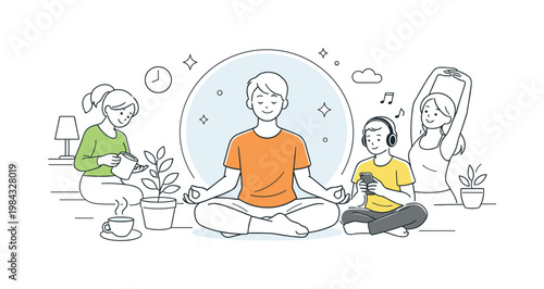 Individual practicing mindfulness and relaxation in a quiet daily wellness routine to improve mental clarity and reduce stress, illustrated through a clear metaphor of a