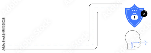 Cybersecurity concept. Cybersecurity with a locked shield and a data flow pathway. Cybersecurity ensuring safe data movement and protection. For technology, data security, IT education, online