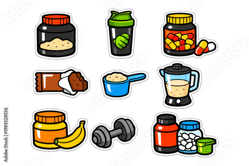 Colorful set of fitness supplements and equipment illustrations.