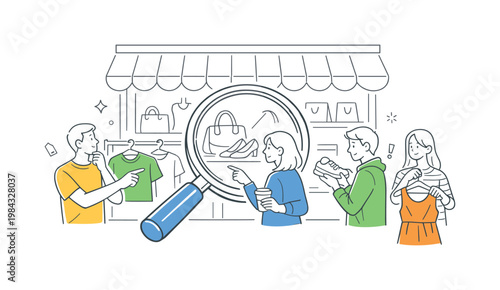 Retail browsing consumer behavior concept featuring individuals casually viewing and selecting items in a store setting, using a storefront and a single magnifying glass