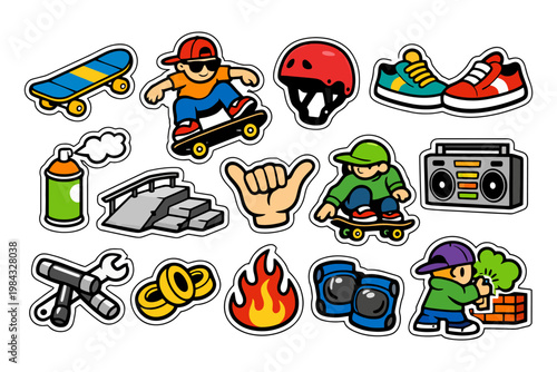Colorful skateboarding stickers collection featuring boys and urban culture elements.