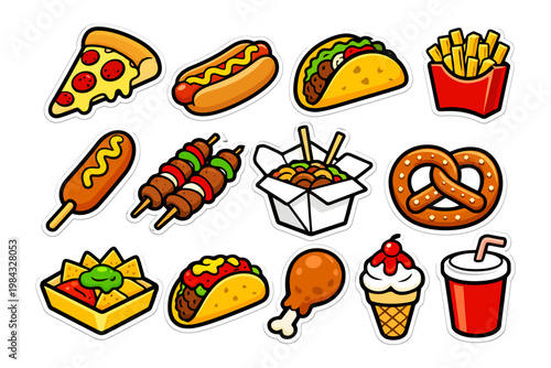 Colorful cartoon fast food icons featuring pizza, taco, hotdog, fries, and ice cream.