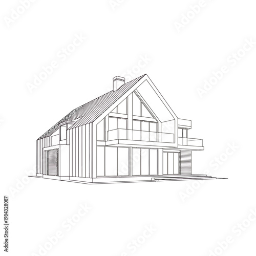 Modern House Architectural Line Drawing Vector

