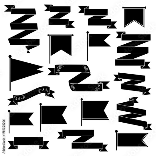 Set of Black Ribbon Banner Vector Elements

