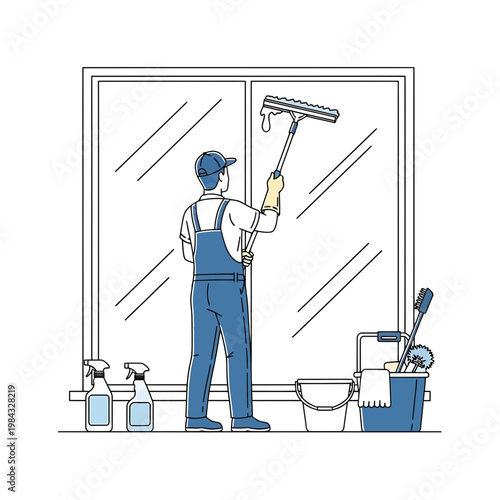 Professional Window Cleaner Working Indoors Flat Illustration

