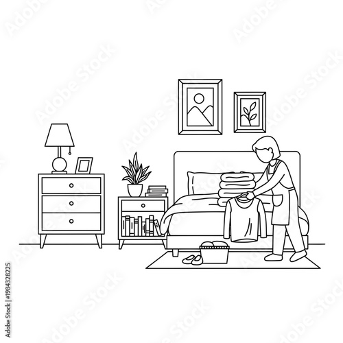 Elderly Man Resting in Cozy Bedroom Interior Drawing

