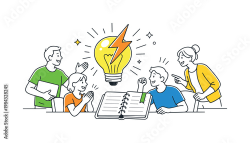 An innovation and creative breakthrough moment in a collaborative workspace where new ideas emerge suddenly and transform projects, depicted through a simplified scene
